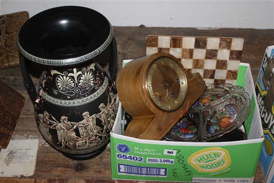 Box of oriental wares, ceramics, vase, metalware & glassware